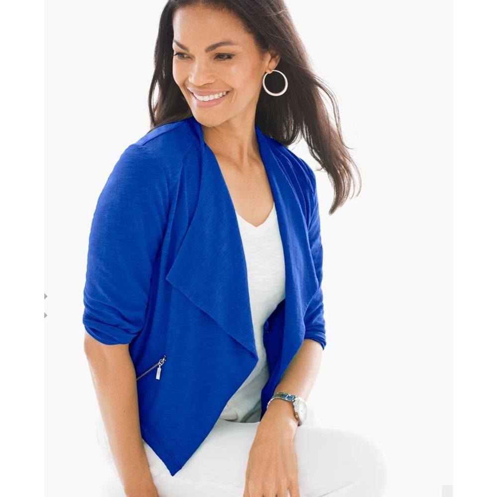 Chico's Knit Drape-Front Jacket 1 Medium Blue Zip Pockets 3/4 Sleeve Cardigan